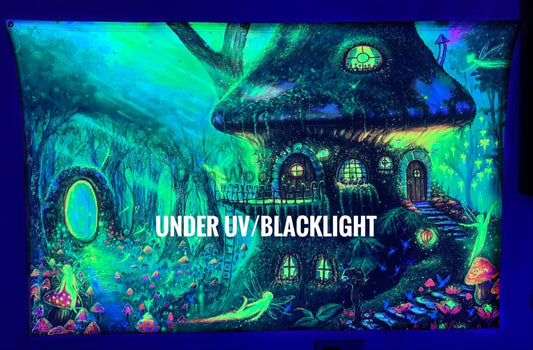 UV Glow Tapestry - Enchanted Fairy Mushroom House