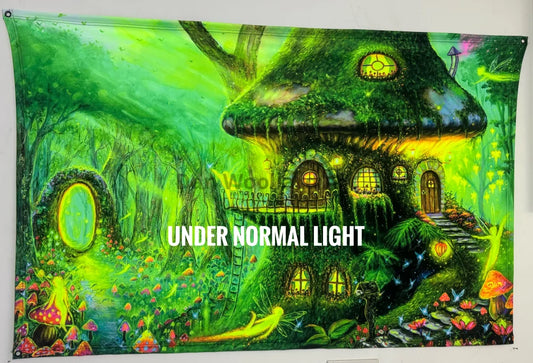 UV Glow Tapestry - Enchanted Fairy Mushroom House